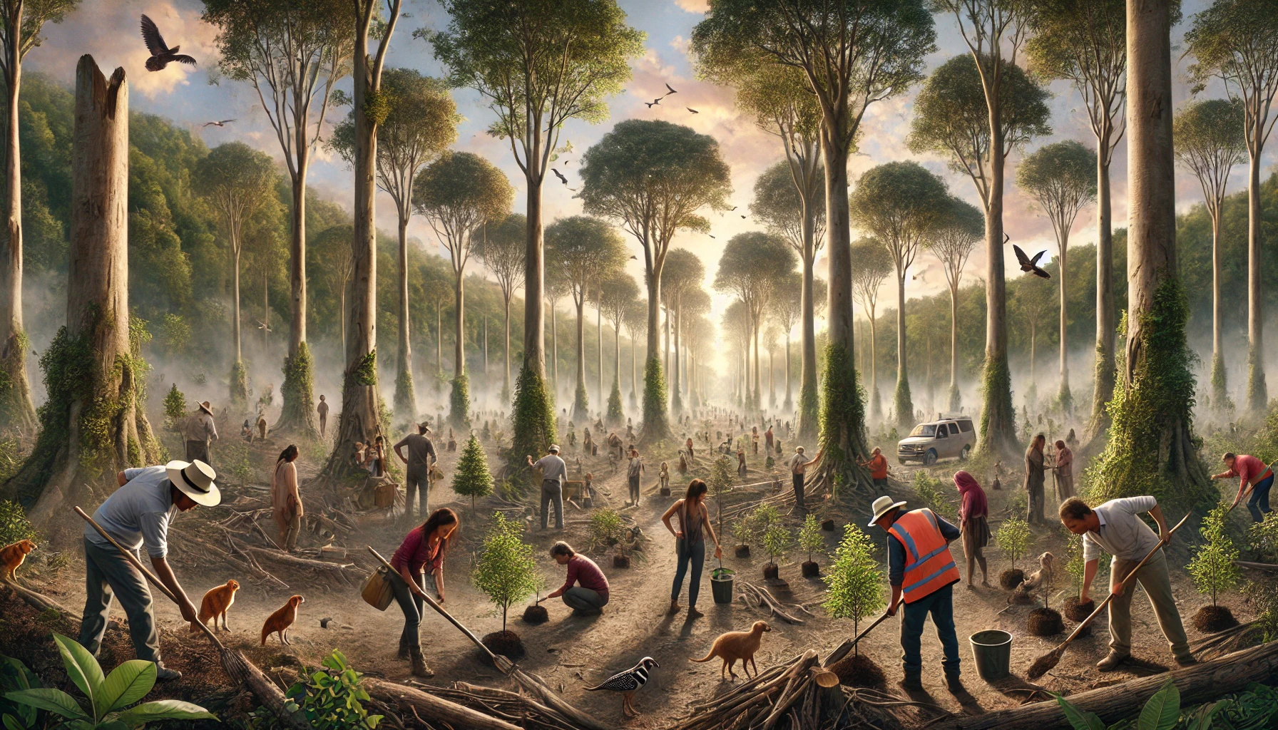 imagen que representa la restauración de un bosque, con personas plantando árboles y la vida silvestre regresando al ecosistema. Transmite esperanza y el impacto positivo de nuestros esfuerzos para sanar la naturaleza.